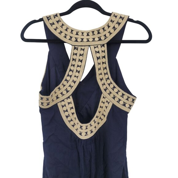 THML Navy Blue Sleeveless Swing Dress Sz L Embroidered V-Neck Cutout Back Rayon - Picture 7 of 9